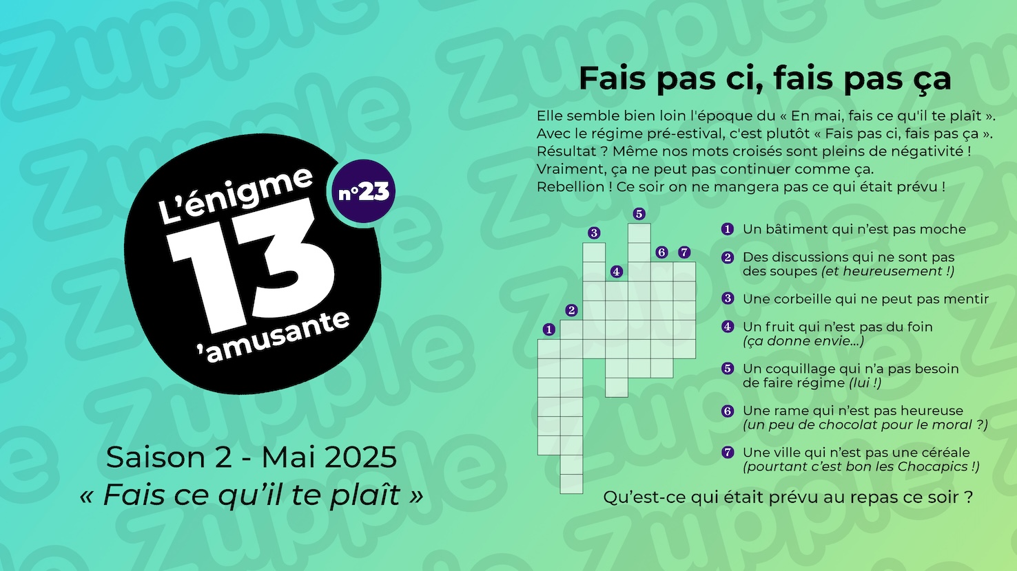 Elle semble bien loin l’époque du « En mai, fais ce qu’il te plaît ». Avec le régime pré-estival, c’est plutôt « Fais pas ci, fais pas ça ». Résultat ? Même nos mots croisés sont pleins de négativité ! Vraiment, ça ne peut pas continuer comme ça. Rebellion ! Ce soir on ne mangera pas ce qui était prévu ! Définition 1 : Un bâtiment qui n’est pas moche. Définition 2 : Des discussions qui ne sont pas des soupes (et heureusement!). Définition 3 : Une corbeille qui ne peut pas mentir. Définition 4 : Un fruit qui n’est pas du foin (ça donne envie...). Définition 5 : Un coquillage qui n’a pas besoin de faire régime (lui !). Définition 6 : Une rame qui n’est pas heureuse (un peu de chocolat pour le moral ?). Définition 7 : Une ville qui n’est pas une céréale (pourtant c’est bon les chocapics !). Question : Qu’est-ce qui était prévu au repas ce soir ?