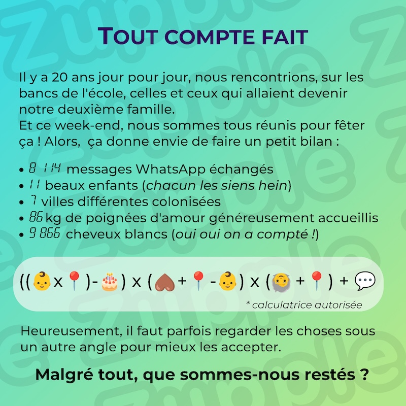 Énigme « TOUT COMPTE FAIT ». Il y a 20 ans jour pour jour, nous rencontrions, sur les bancs de l’école, celles et ceux qui allaient devenir notre deuxième famille. Et ce week-end, nous sommes tous réunis pour fêter ça ! Alors, ça donne envie de faire un petit bilan : 8114 messages WhatsApp échangés ; 11 beaux enfants (chacun les siens hein) ; 7 villes différentes colonisées ; 85 kg de poignées d’amour généreusement accueillis ; 9866 cheveux blancs (oui oui on a compté !). Calculatrice autorisée pour réaliser le calcul suivant : « ((bébé * punaise en acier) - gateau d’anniversaire) * (cœur retourné + punaise en acier - bébé) * (vieux tête en bas + punaise en acier) + message ». Heureusement, il faut parfois regarder les choses sous un autre angle pour mieux les accepter. Malgré tout, que sommes-nous restés ?