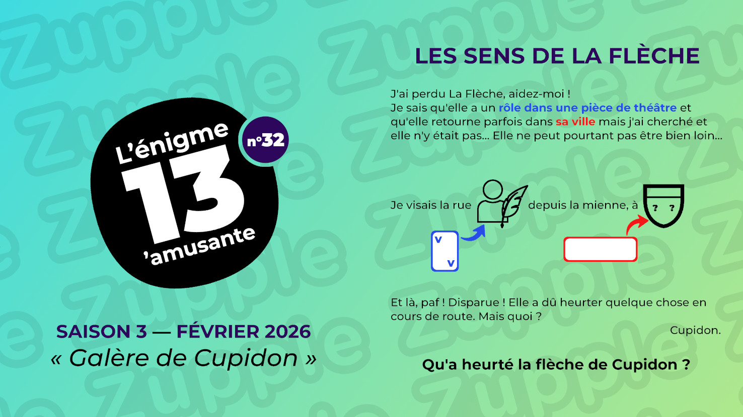 Énigme « Les sens de La Flèche ». J’ai perdu La Flèche, aidez-moi ! Je sais qu’elle a un rôle dans une pièce de théâtre et qu’elle retourne parfois dans sa ville mais j’ai cherché et elle n’y était pas… Elle ne peut pourtant pas être bien loin… Je visais la rue (semble avoir un rapport avec l’auteur de « la pièce de théâtre ») depuis la mienne, à (semble avoir un rapport avec le symbole en double sur le blason de « sa ville »). Et là, paf! Disparue ! Elle a dû heurter quelque chose en cours de route. Mais quoi ? Qu’a heurté la flèche de Cupidon ?