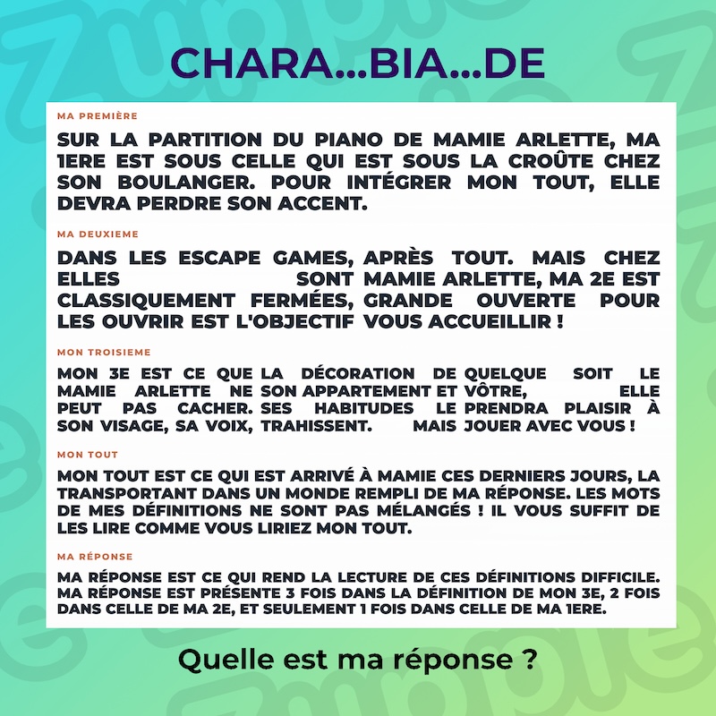 Énigme « CHARA… BIA… DE ». MA PREMIÈRE : SUR LA PARTITION DU PIANO DE MAMIE ARLETTE, MA 1ERE EST SOUS CELLE QUI EST SOUS LA CROÛTE CHEZ SON BOULANGER. POUR INTÉGRER MON TOUT, ELLE DEVRA PERDRE SON ACCENT. MA DEUXIÈME : DANS LES ESCAPE TOUT. MAIS CHEZ MAMIE GAMES, ELLES SONT ARLETTE, MA 2E EST CLASSIQUEMENT GRANDE OUVERTE POUR FERMEES, LES OUVRIR VOUS ACCUEILLIR ! EST L’OBJECTIF APRES. MON TROISIEME : MON 3E EST CE QUE DÉCORATION DE LE VÔTRE, ELLE MAMIE ARLETTE NE SON APPARTEMENT PRENDRA PLAISIR À PEUT PAS CACHER. ET SES HABITUDES JOUER AVEC VOUS ! VISAGE, SA LE VOIX, TRAHISSENT. LA MAIS QUELQUE SOIT. MON TOUT : MON TOUT EST CE QUI EST ARRIVÉ À MAMIE CES DERNIERS JOURS, LA TRANSPORTANT DANS UN MONDE REMPLI DE MA RÉPONSE. LES MOTS DE MES DÉFINITIONS NE SONT PAS MÉLANGÉS ! IL VOUS SUFFIT DE LES LIRE COMME VOUS LIRIEZ MON TOUT. MA RÉPONSE : MA RÉPONSE EST CE QUI REND LA LECTURE DE CES DÉFINITIONS DIFFICILE. MA RÉPONSE EST PRÉSENTE 3 FOIS DANS LA DÉFINITION DE MON 3E, 2 FOIS DANS CELLE DE MA 2E, ET SEULEMENT 1 FOIS DANS CELLE DE MA 1ERE. Quelle est ma réponse ?