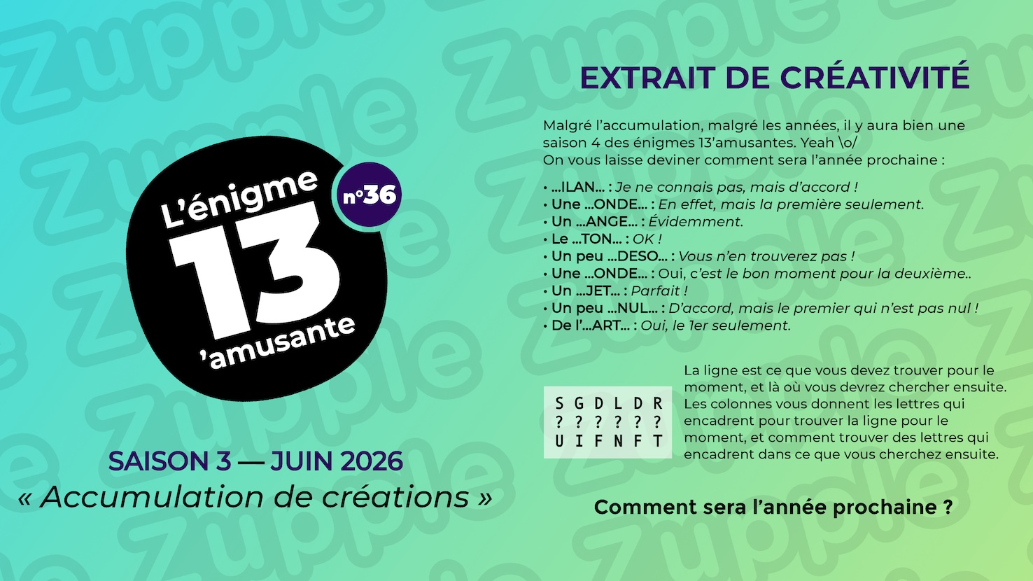 Énigme « Extrait de créativité ». Malgré l’accumulation, malgré les années, il y aura bien une saison 4 des énigmes 13’amusantes. Yeah \o/ On vous laisse deviner comment sera l’année prochaine : 1) …ILAN… : Je ne connais pas, mais d’accord ! 2) Une …ONDE… : En effet, mais la première seulement. 3) Un …ANGE… : Évidemment. 4) Le …TON… : OK ! 5) Un peu …DÉSO… : Vous n’en trouverez pas ! 6) Une …ONDE… : C’est le bon moment pour la deuxième. 7) Un …JET… ? Parfait ! 8) Un peu …NUL… : Peut-être, mais le premier qui n’est pas nul ! 9) De l’…ART… : Oui, le 1er seulement. Voici une petite aide : (un tableau de lettres) Première ligne : S G D L D R, deuxième ligne : ? ? ? ? ? ?, troisième ligne : U I F N F T. La ligne est ce que vous devez trouver pour le moment, et là où vous devrez chercher ensuite. Les colonnes vous donnent les lettres qui encadrent pour trouver la ligne pour le moment, et comment trouver des lettres qui encadrent dans ce que vous cherchez ensuite.