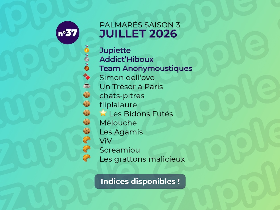 Palmarès de l’énigme 13’amusante n°37 de juillet 2026 : 1er Jupiette, 2e Addict'Hiboux️, 3e Team Anonymoustiques, etc.