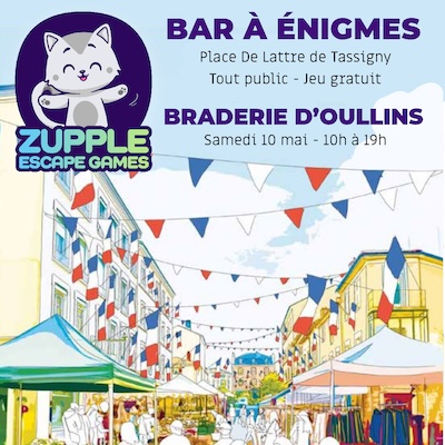 Zupple Escape Games propose un bar à énigmes lors de la Braderie d’Oullins, le samedi 10 mai de 10h à 19h. Retrouvez-nous sur la place De Lattre de Tassigny pour une animation gratuite et tout public.