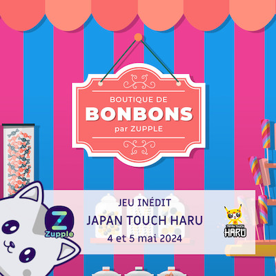 Pendant le festival Japan Touch Haru 2024, les 4 et 5 mai 2024, nous serons une boutique de bonbons et vous pourrez jouer un tout nouveau jeu inédit.