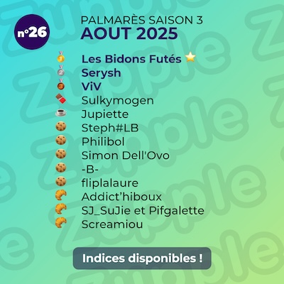 Palmarès de l’énigme 13’amusante n°26 d’août 2025 : 1er Les Bidons Futés, 2e Serysh, 3e ViV, etc.