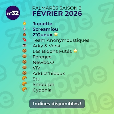 Palmarès de l’énigme 13’amusante n°33 de février 2026 : 1er Jupiette, 2e Screamiou, 3e Z’Gueux, etc.
