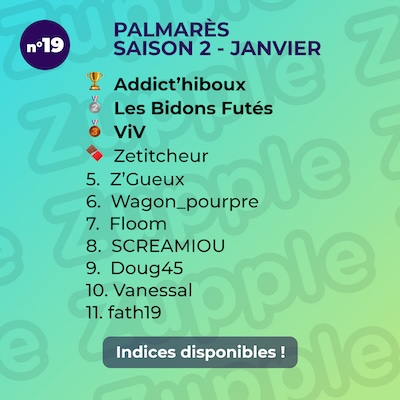 Palmarès de l’énigme 13’amusante n°19 de janvier 2025 : 1er Addict’hiboux, 2e Les Bidons Futés, 3e ViV, 4e Zetitcheur, etc.