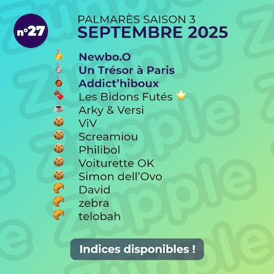 Palmarès de l’énigme 13’amusante n°27 de septembre 2025 : 1er Newbo.O, 2e Un Trésor à Paris, 3e Addict’hiboux, etc.