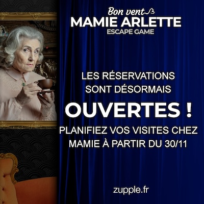 Les réservations pour l’escape game « Bon vent, Mamie Arlette » sont désormais ouvertes ! Planifiez votre vos visites chez Mamie à partir du samedi 30 novembre 2024.