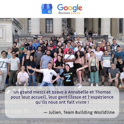 Extrait de l’avis Google de Julien (Worldline) à propos de notre enquête dans le Vieux Lyon : Un grand merci et bravo à Annabelle et Thomas pour leur accueil, leur gentillesse et l’expérience qu’ils nous ont fait vivre.