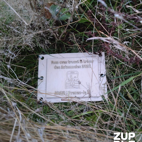 La plaque-trésor gravée, cachée dans l’herbe lors de la chasse au trésor d’Oullins