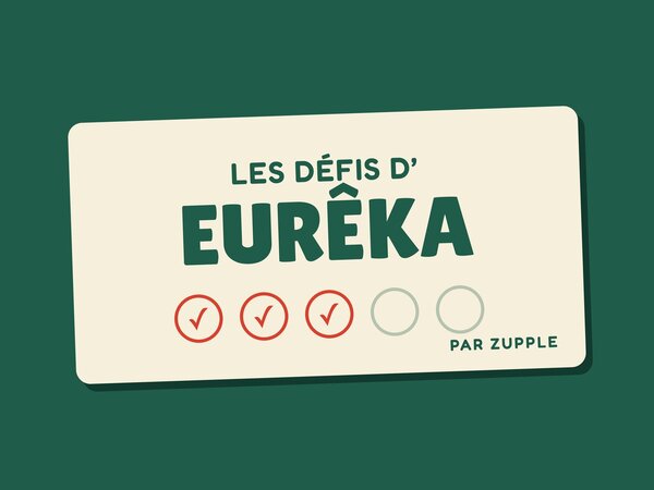Une carte des défis d’Eurêka, avec trois cases tamponnées sur cinq.
