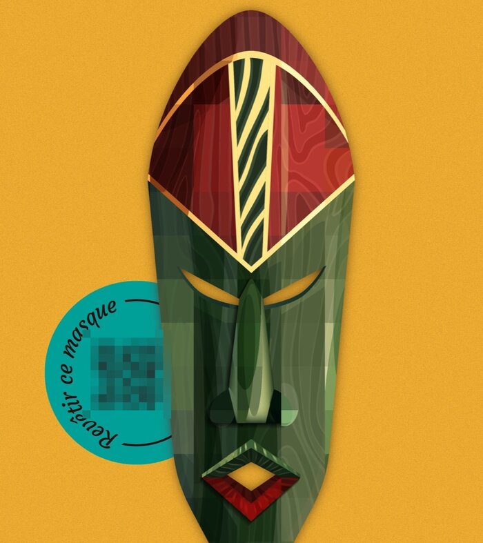 Le masque d’Iska, le guerrier : un long masque vert et rouge.