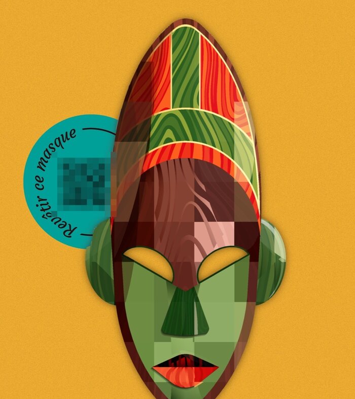 Le masque de Maïenne, la nécromancienne : un masque vert à la coiffe rayée.