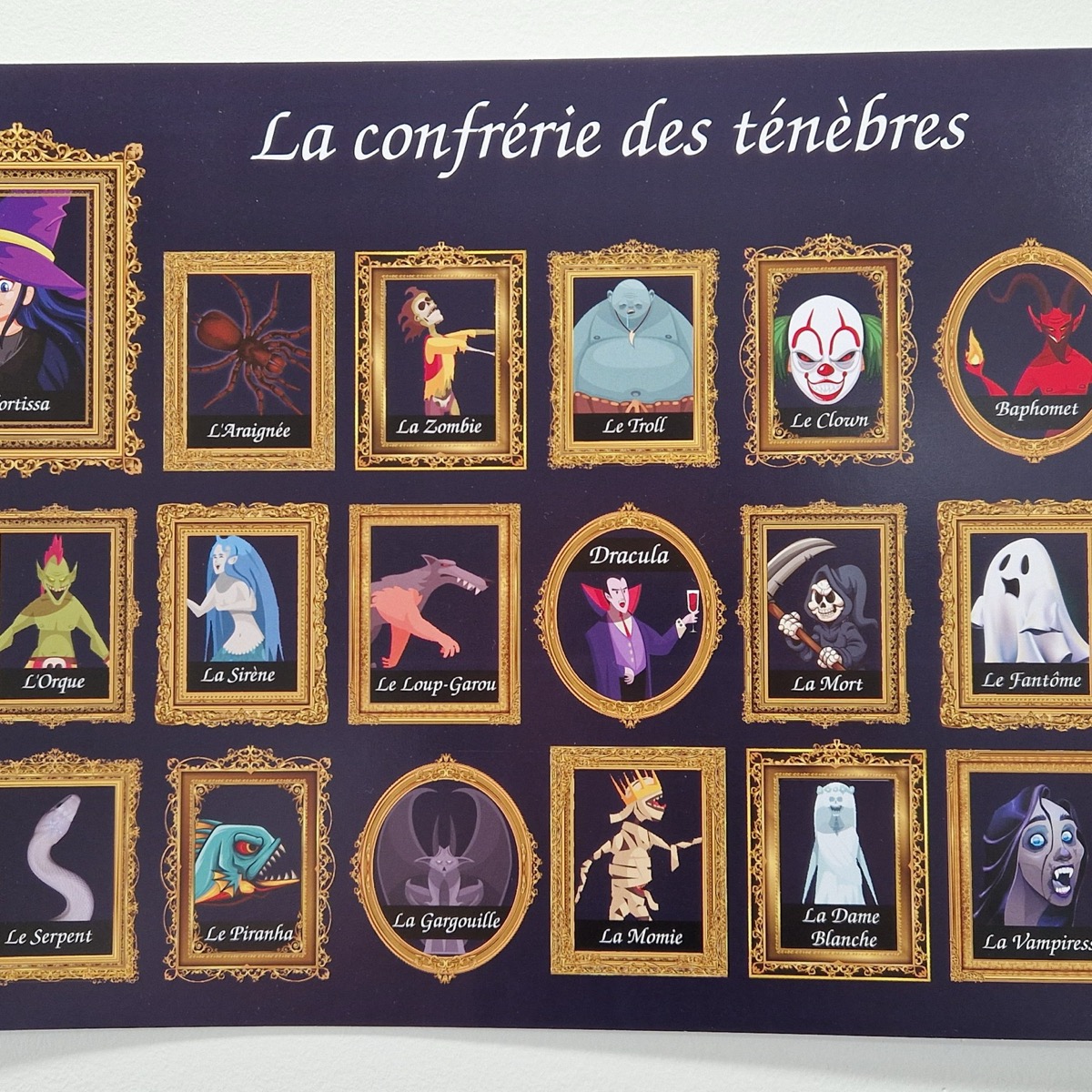 Le tableau des suspects de La confrérie des ténèbres&nbsp;: une galerie de monstres (Dracula, le loup-garou, le clown, la sirène, le fantôme…) à passer au crible
